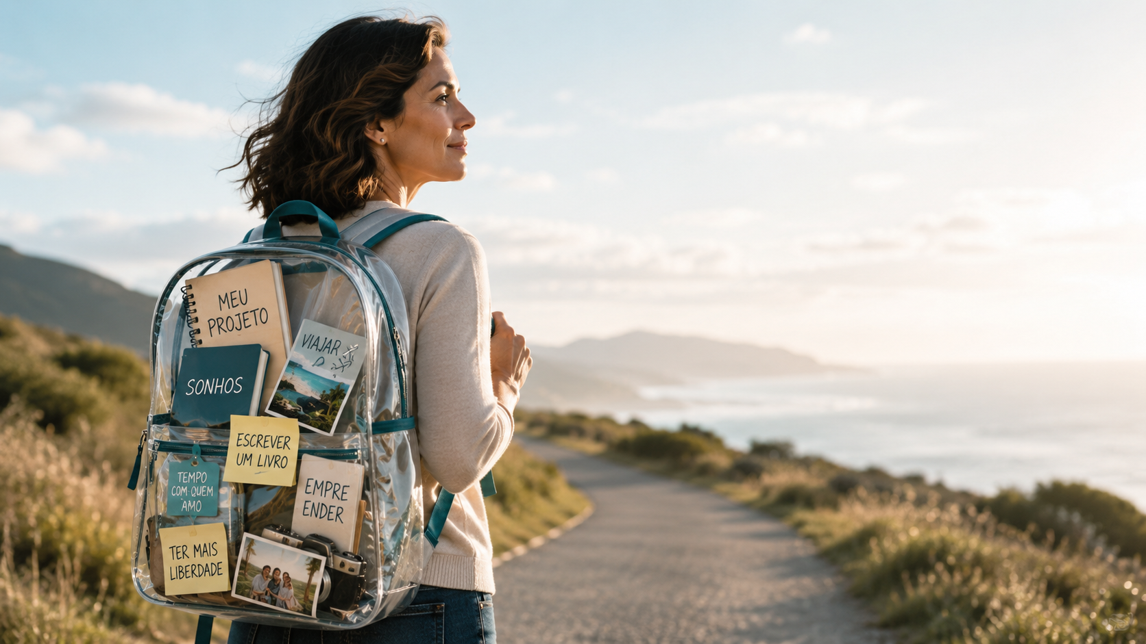 Mulher com mochila transparente cheia de sonhos e planos, olhando uma estrada que segue à frente